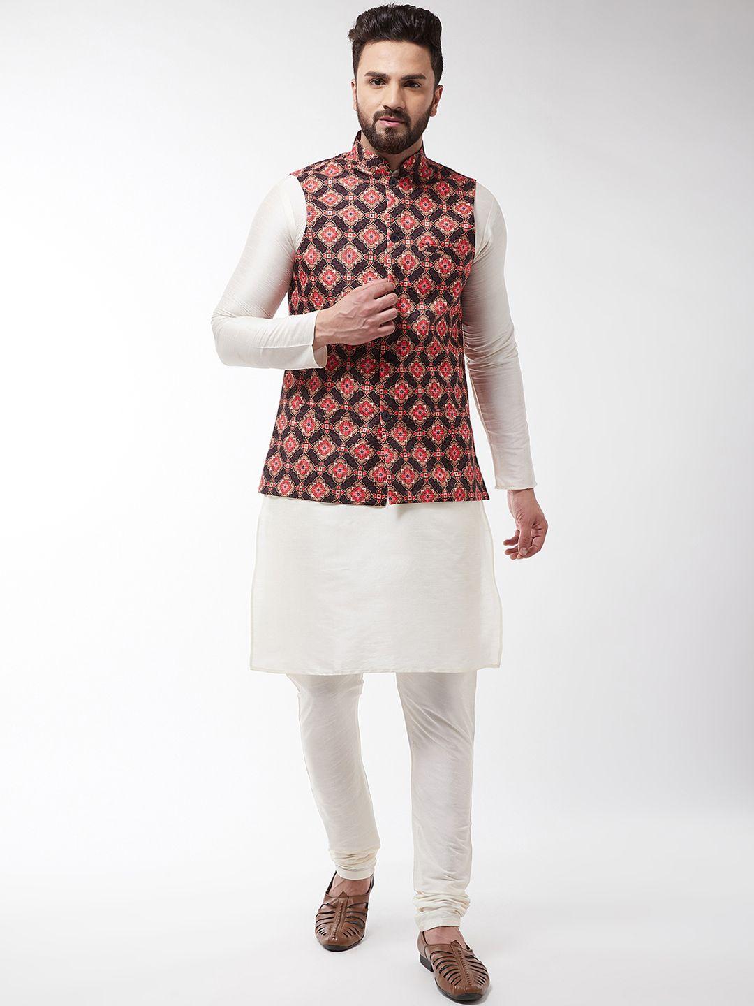 sojanya men off-white & coffee brown kurta with churidar & printed nehru jacket