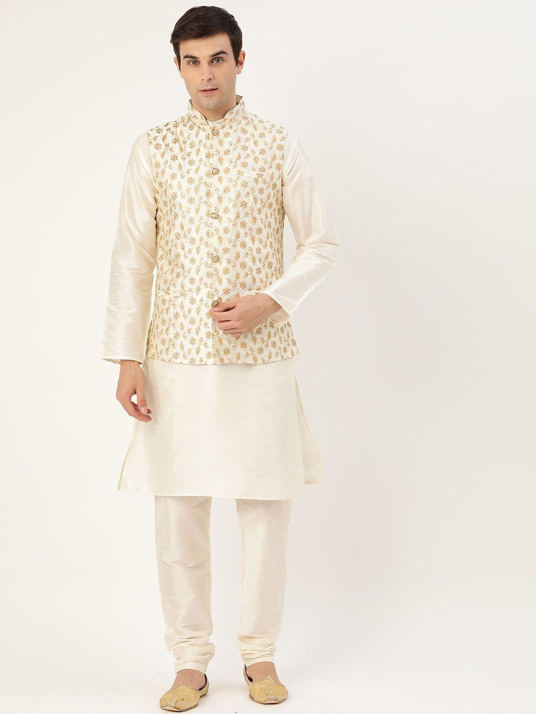 sojanya men off-white & golden solid kurta & churidar with embroidered nehru jacket