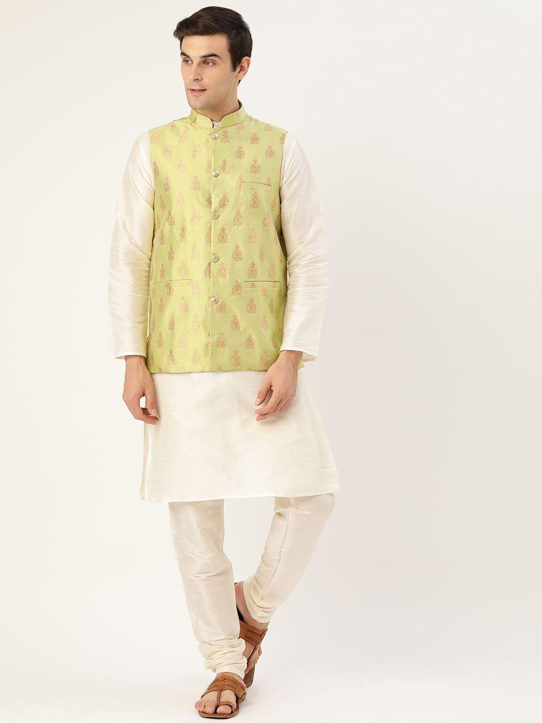 sojanya men off-white & green solid kurta churidar & nehru jacket