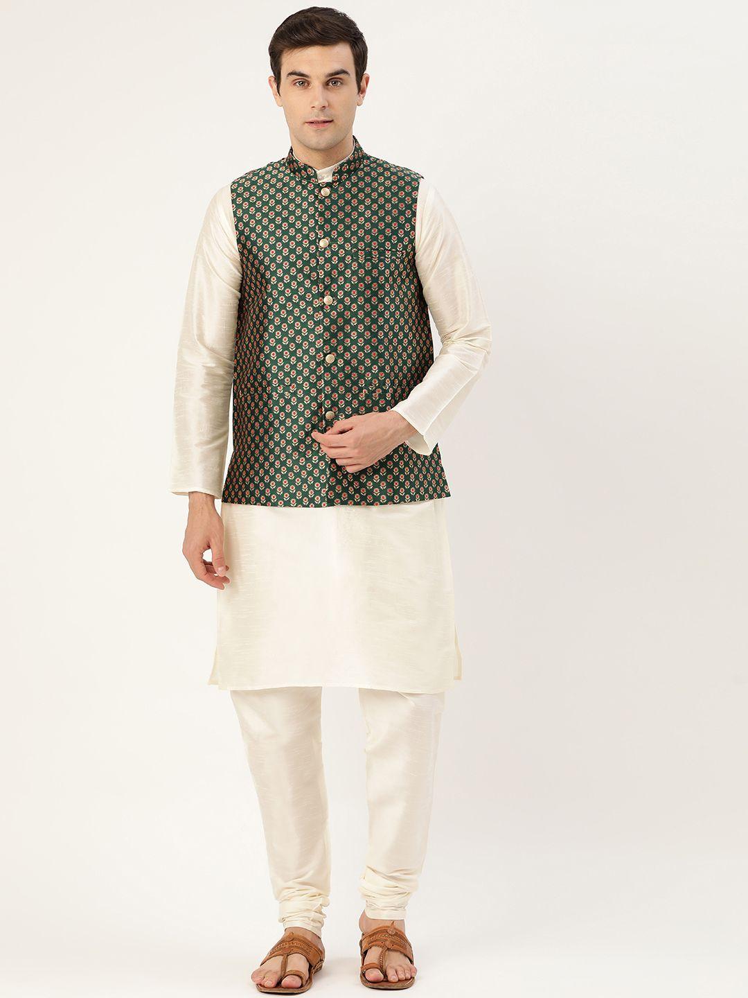 sojanya men off-white & green solid kurta with churidar & nehru jacket