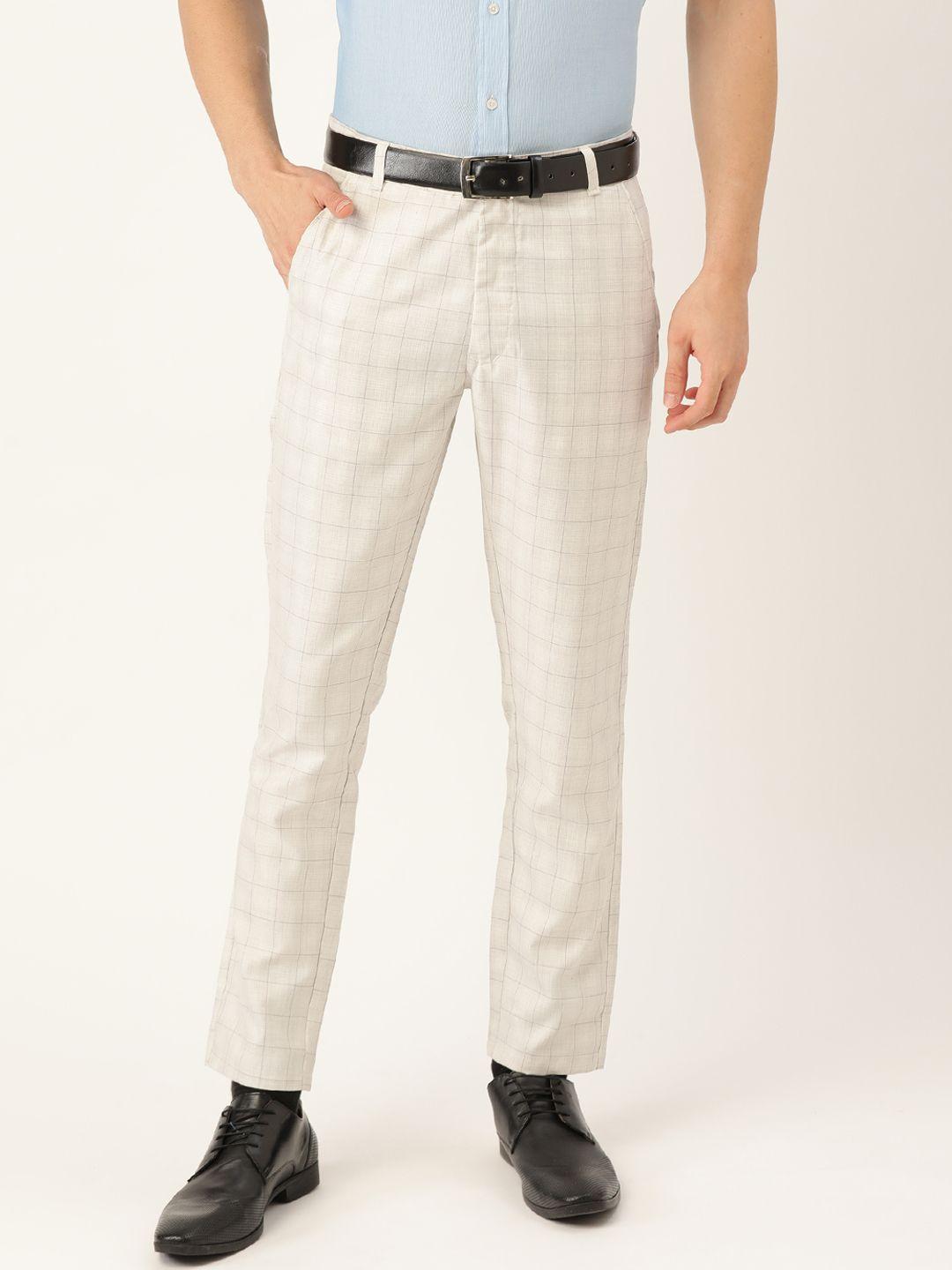 sojanya men off-white & grey checked smart fit formal trousers