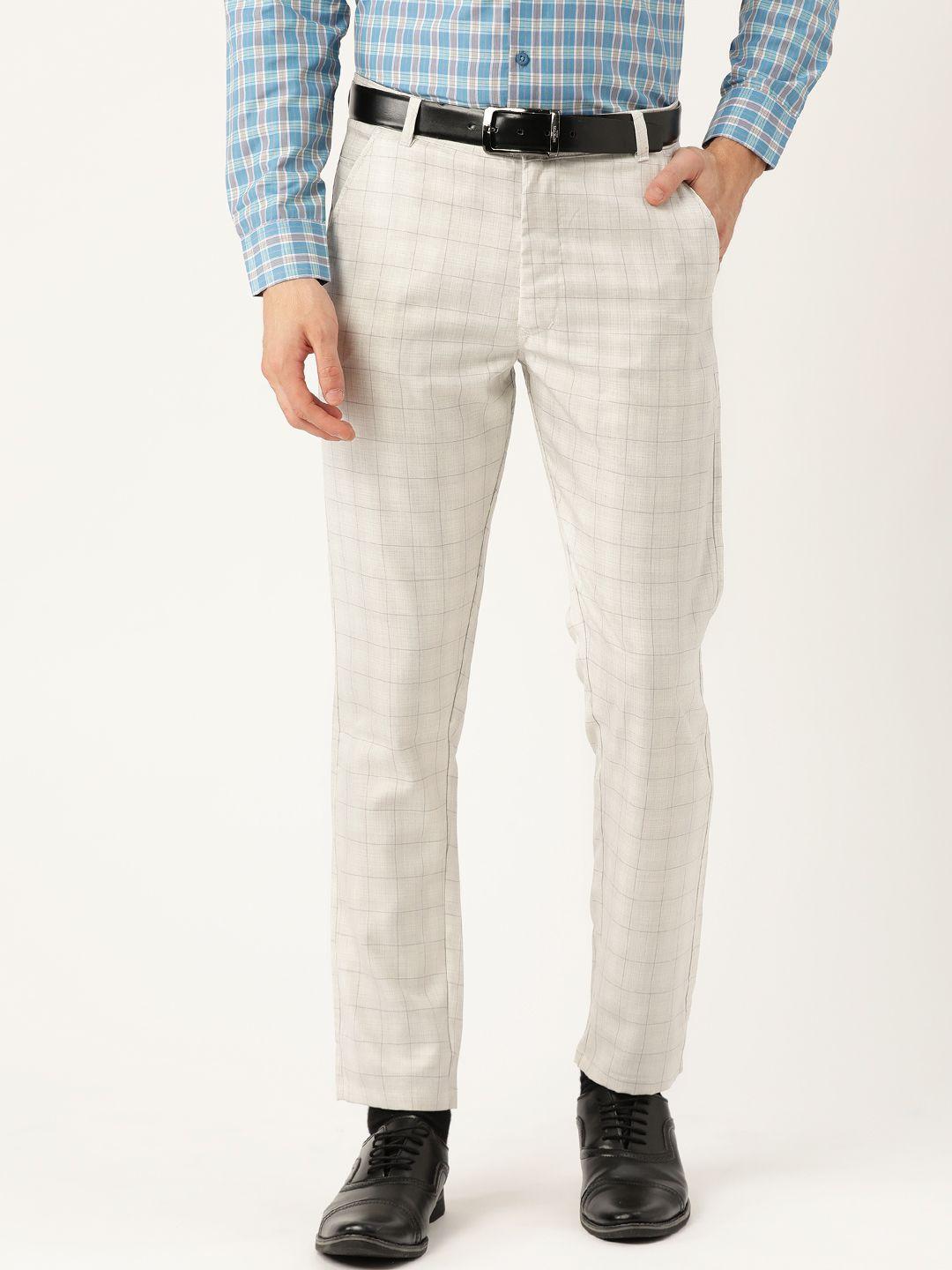 sojanya men off-white & grey smart regular fit checked formal trousers