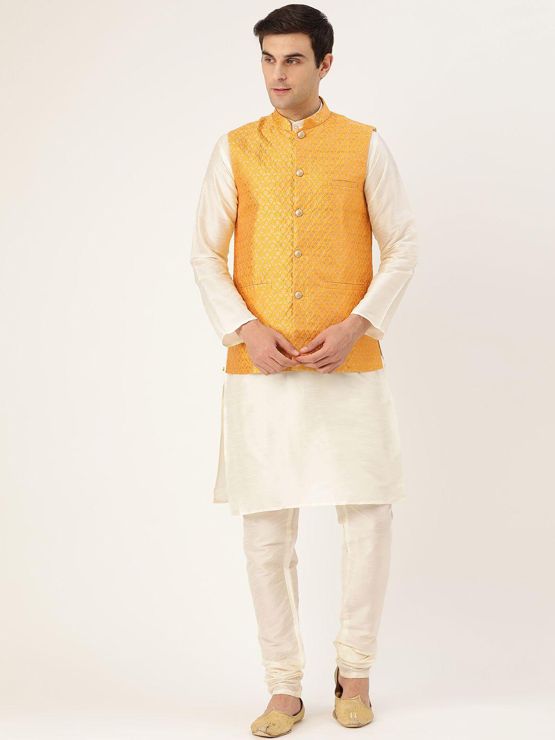 sojanya men off-white & mustard yellow solid kurta with churidar & nehru jacket