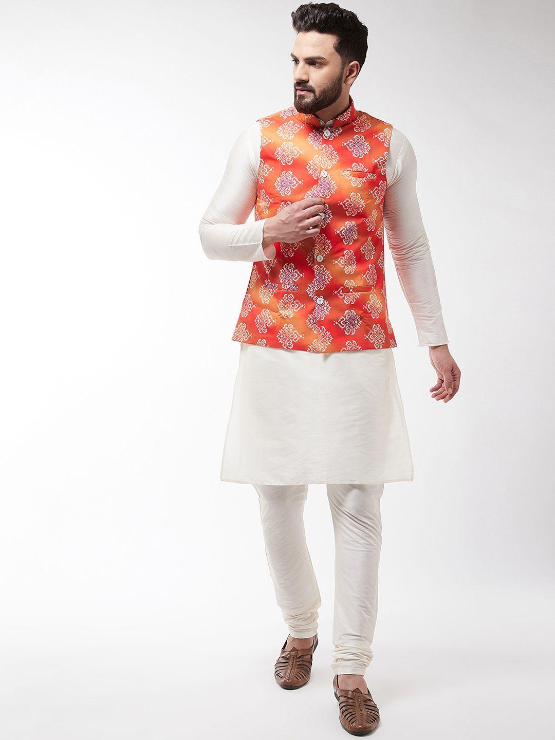 sojanya men off-white & orange printed kurta with churidar & nehru jacket