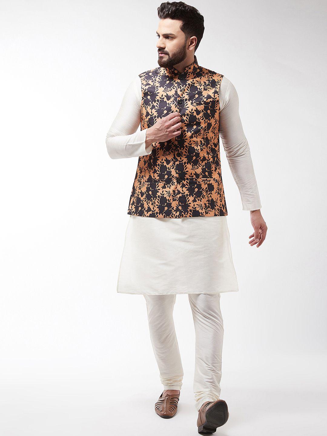 sojanya men off-white & peach-coloured kurta with churidar & printed nehru jacket