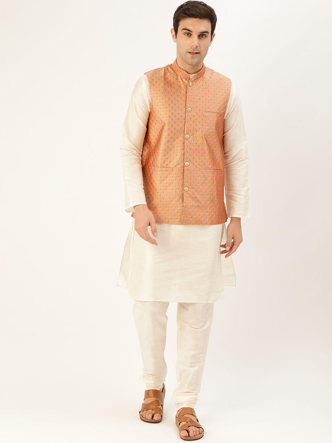 sojanya men off-white & peach-coloured solid kurta with churidar & nehru jacket