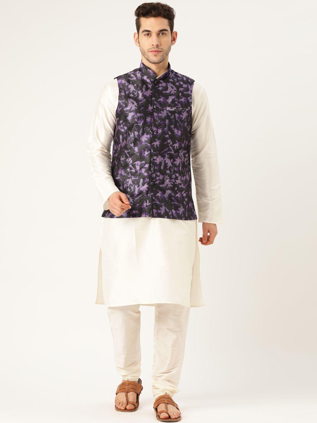 sojanya men off-white & purple solid kurta set with printed nehru jacket