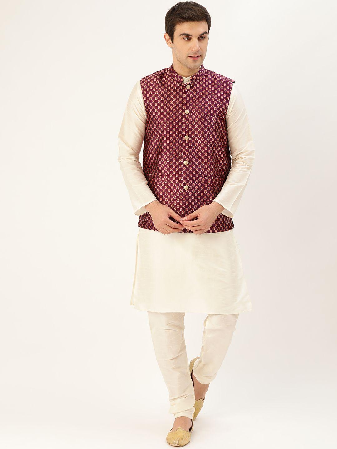 sojanya men off-white & purple solid kurta with churidar & nehru jacket