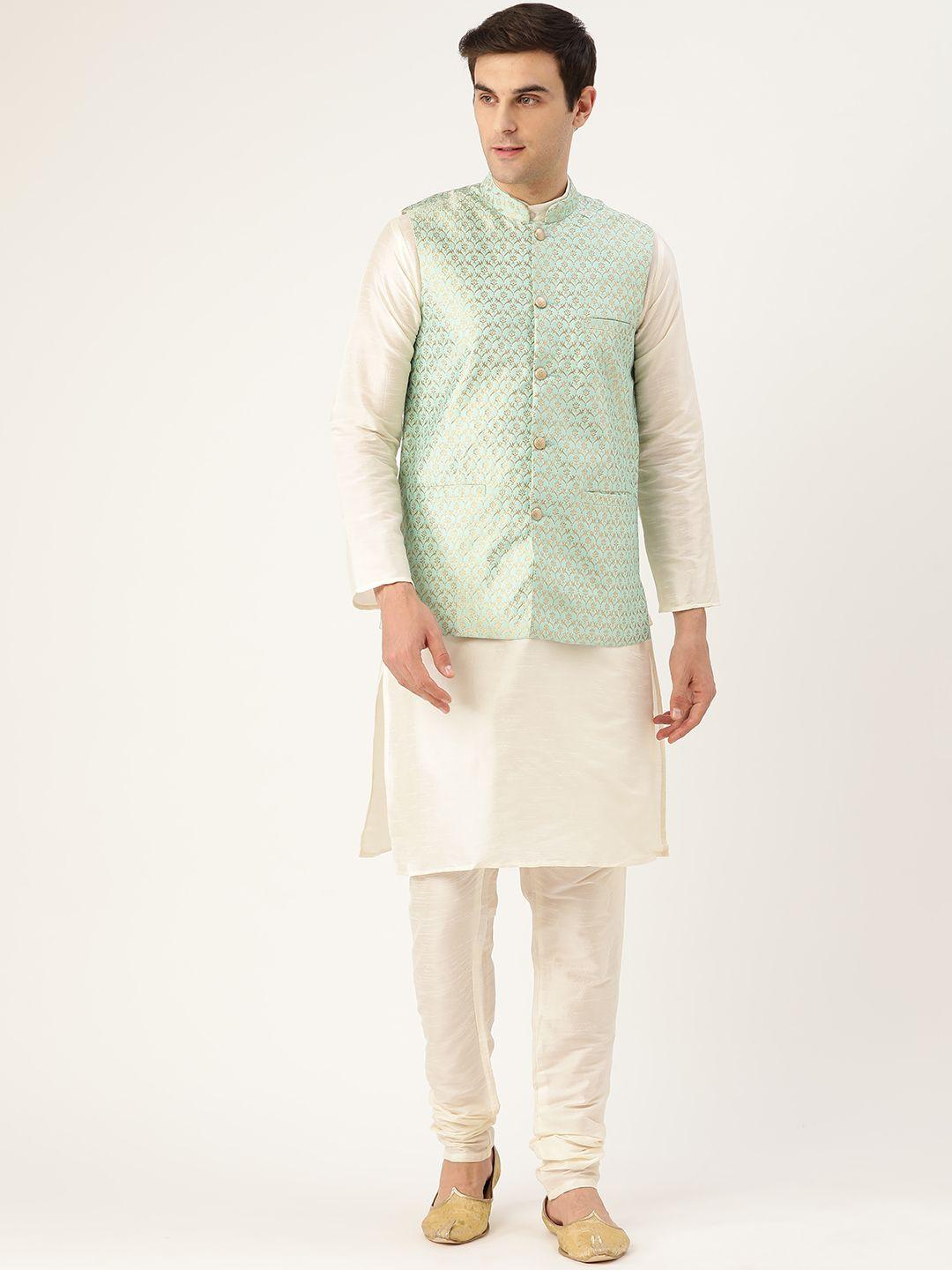 sojanya men off-white & sea green solid kurta with churidar & nehru jacket