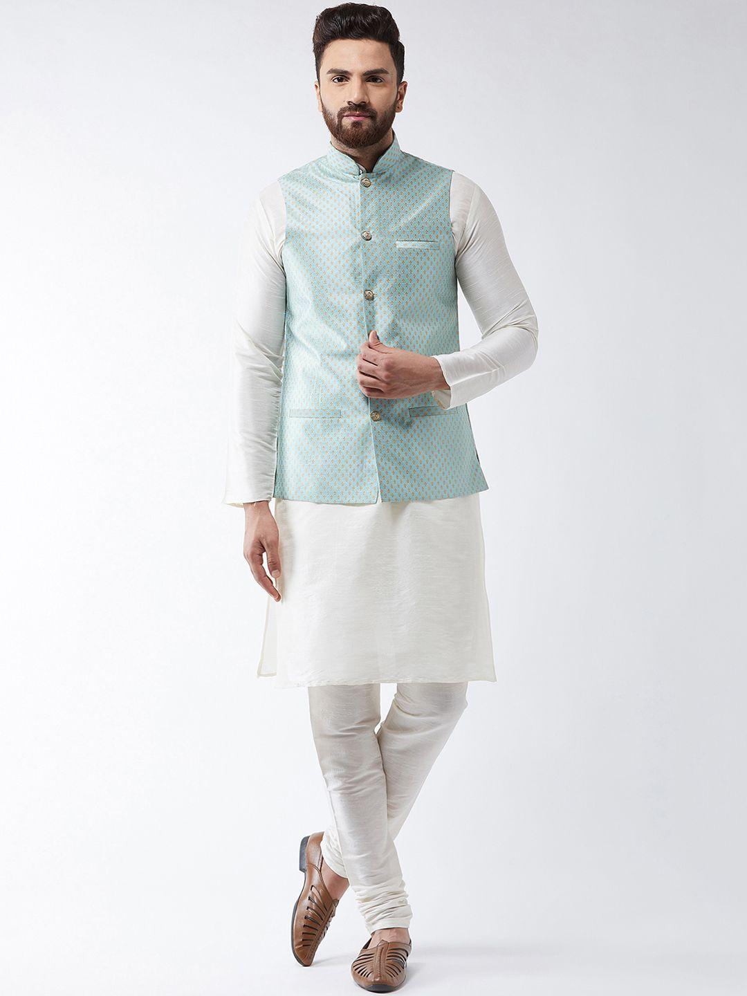 sojanya men off-white solid kurta and churidar & nehru jacket