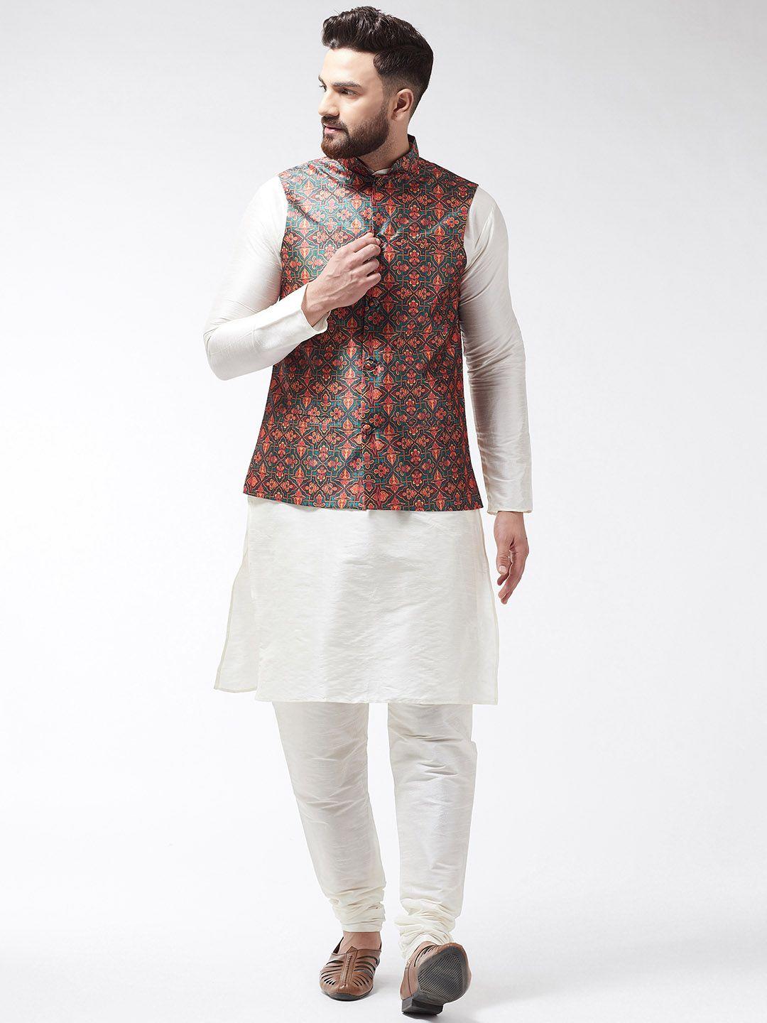 sojanya men off-white solid kurta set with nehru jacket