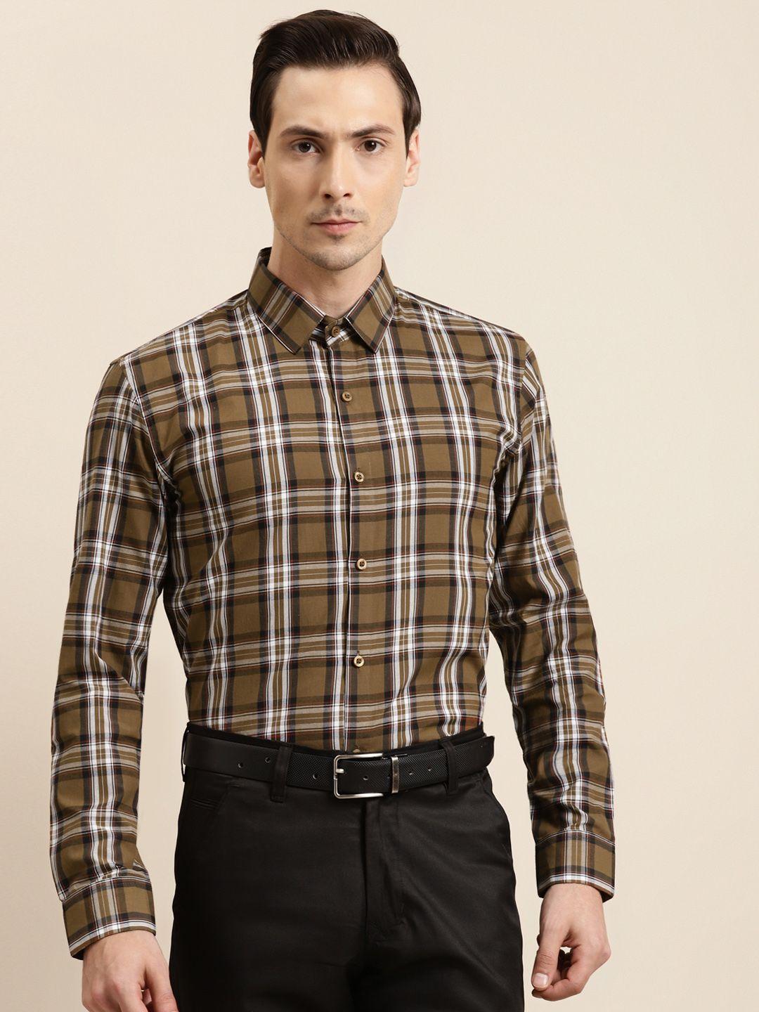 sojanya men olive brown & white tartan checked regular fit cotton formal shirt