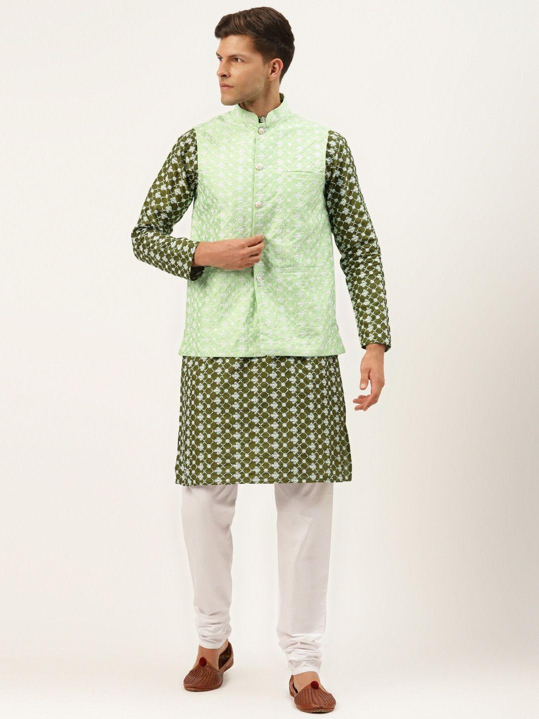 sojanya men olive ethnic motifs embroidered thread work kurta with churidar