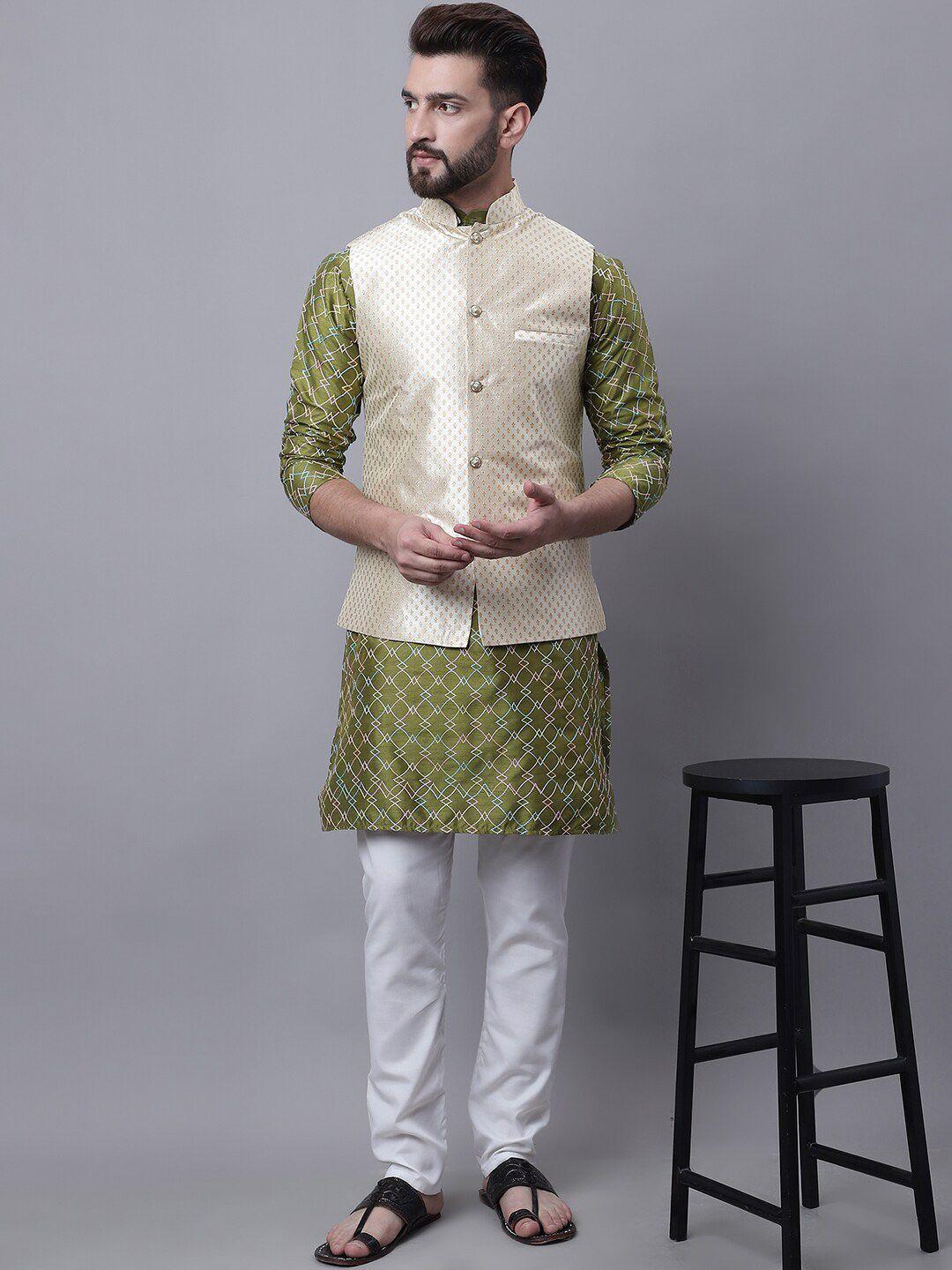 sojanya men olive green embroidered regular thread work kurta with churidar