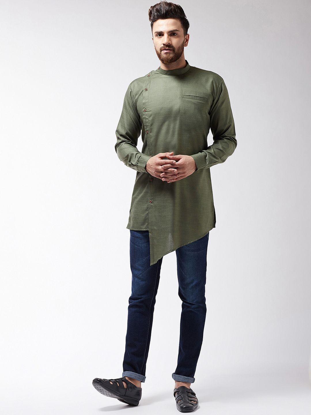 sojanya men olive green solid asymmetric kurta