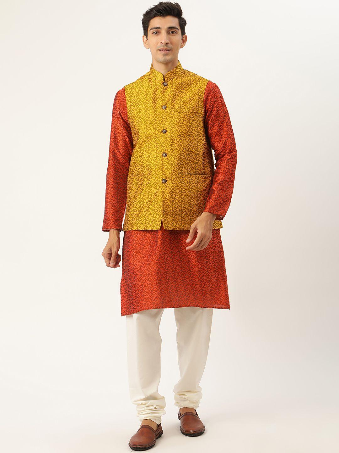 sojanya men orange & mustard yellow ethnic motifs kurta with churidar & nehru jacket