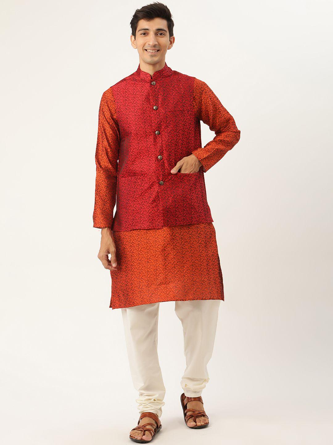 sojanya men orange & red ethnic motifs woven design kurta with churidar & nehru jacket