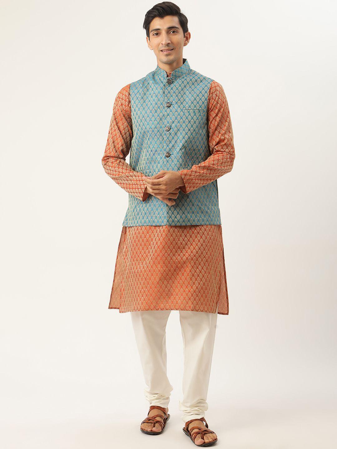 sojanya men orange & teal blue ethnic motifs kurta with churidar & nehru jacket