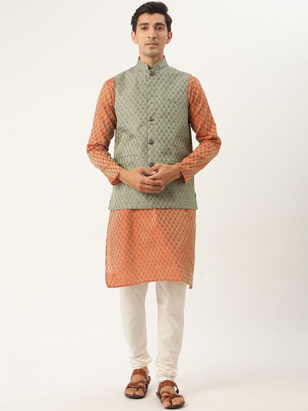 sojanya men orange ethnic motifs jacquard silk kurta with churidar & nehru jacket
