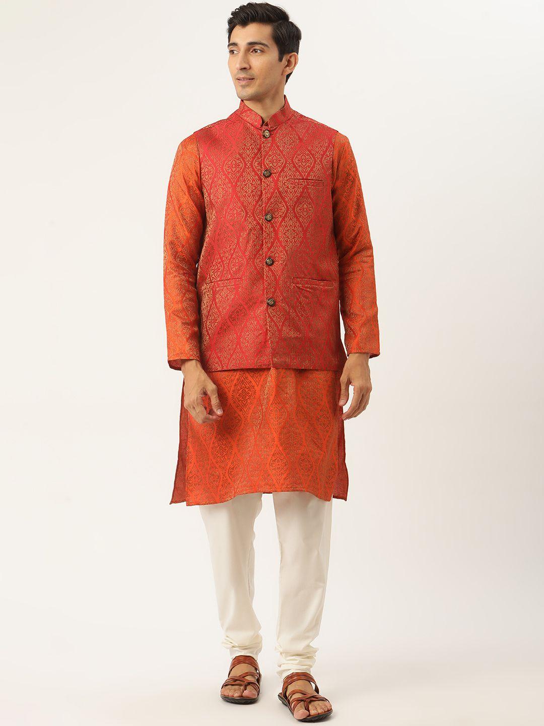 sojanya men orange ethnic motifs kurta with churidar & nehru jacket