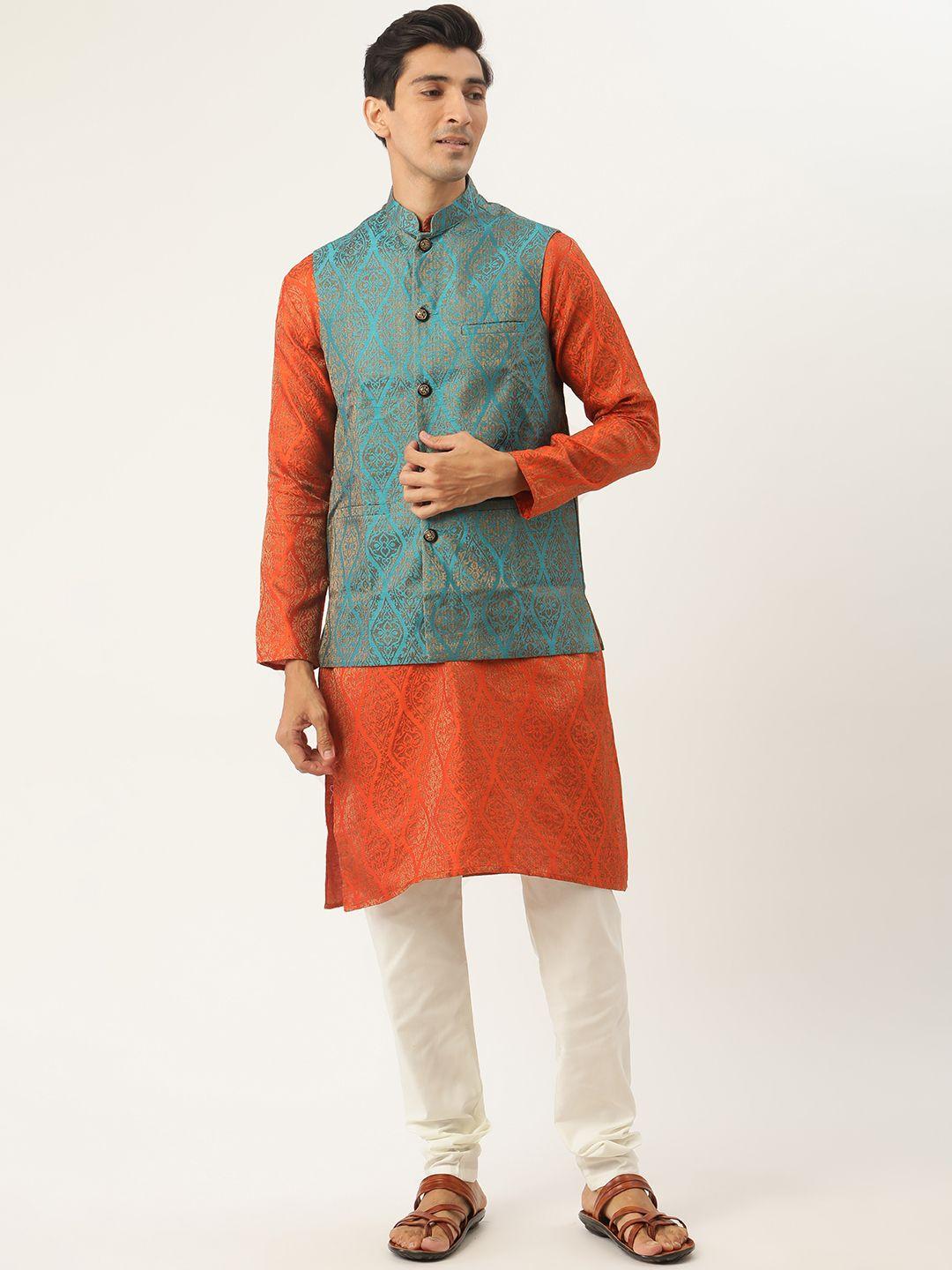 sojanya men orange ethnic motifs kurta with churidar & nehru jacket