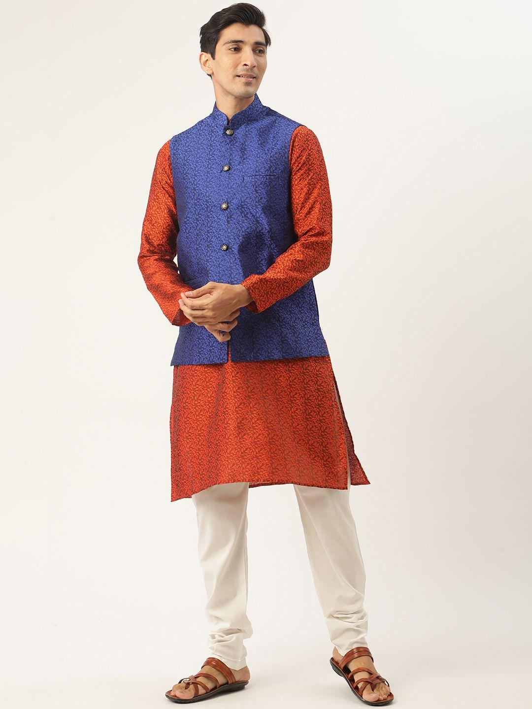 sojanya men orange self-design kurta with churidar & nehru jacket