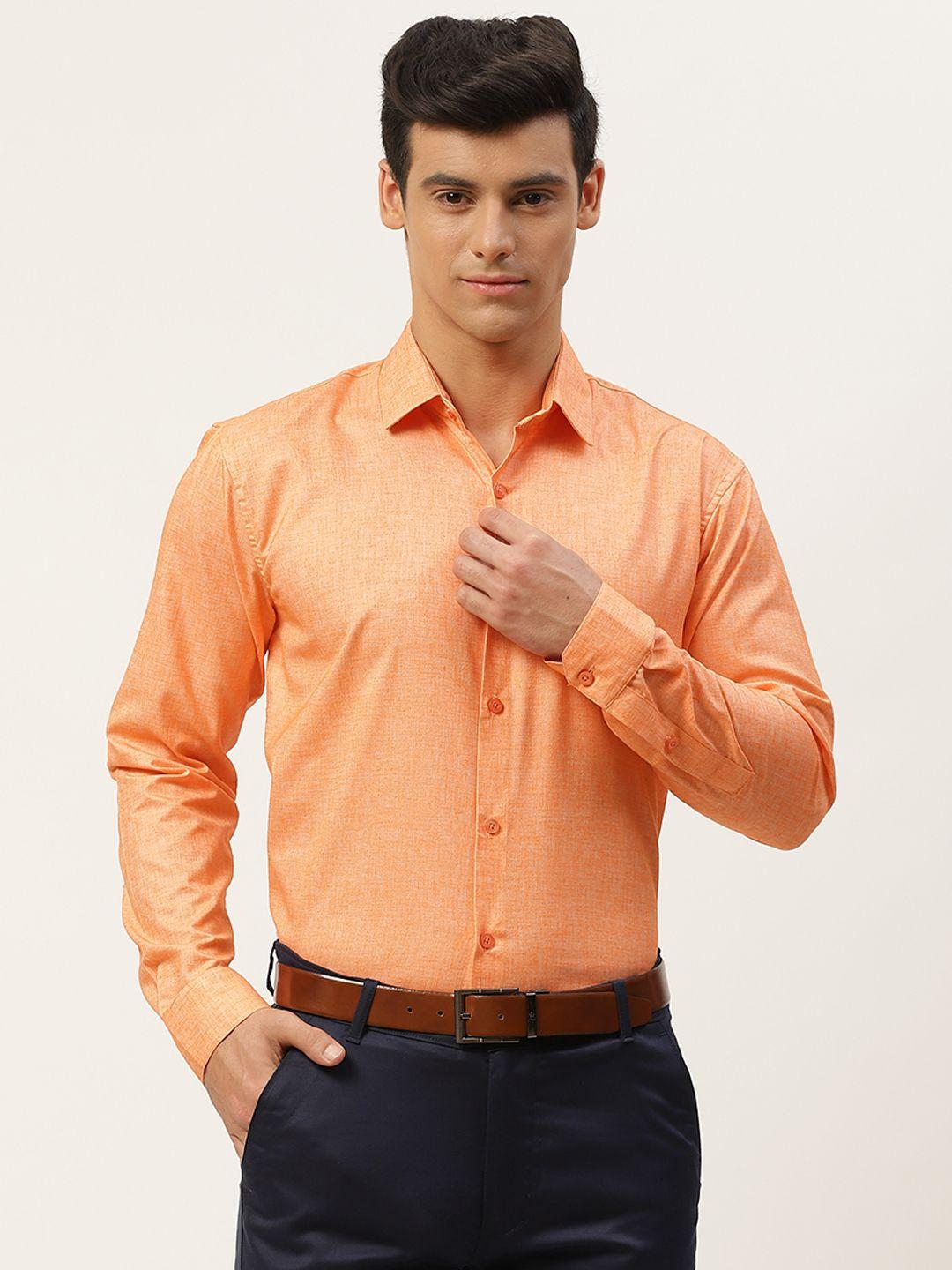 sojanya men orange solid cotton linen formal shirt