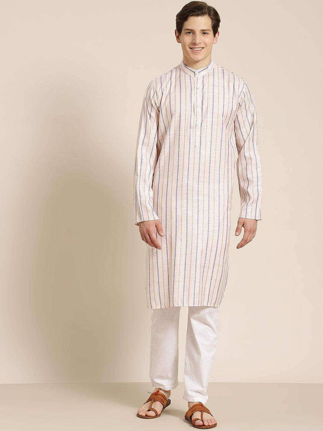 sojanya men peach-coloured & blue pure cotton striped kurta