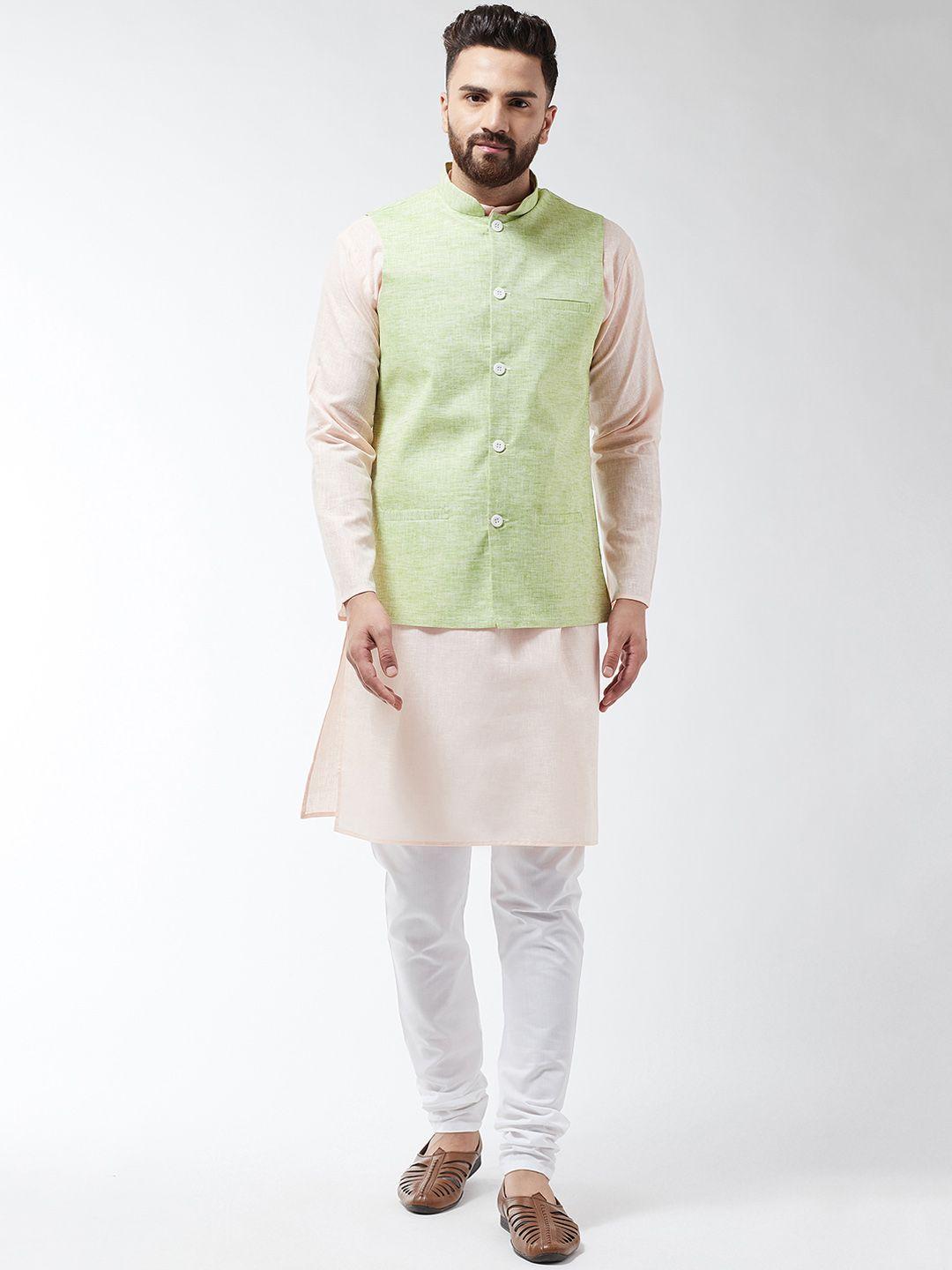 sojanya men peach-coloured & green solid kurta and churidar with jacket