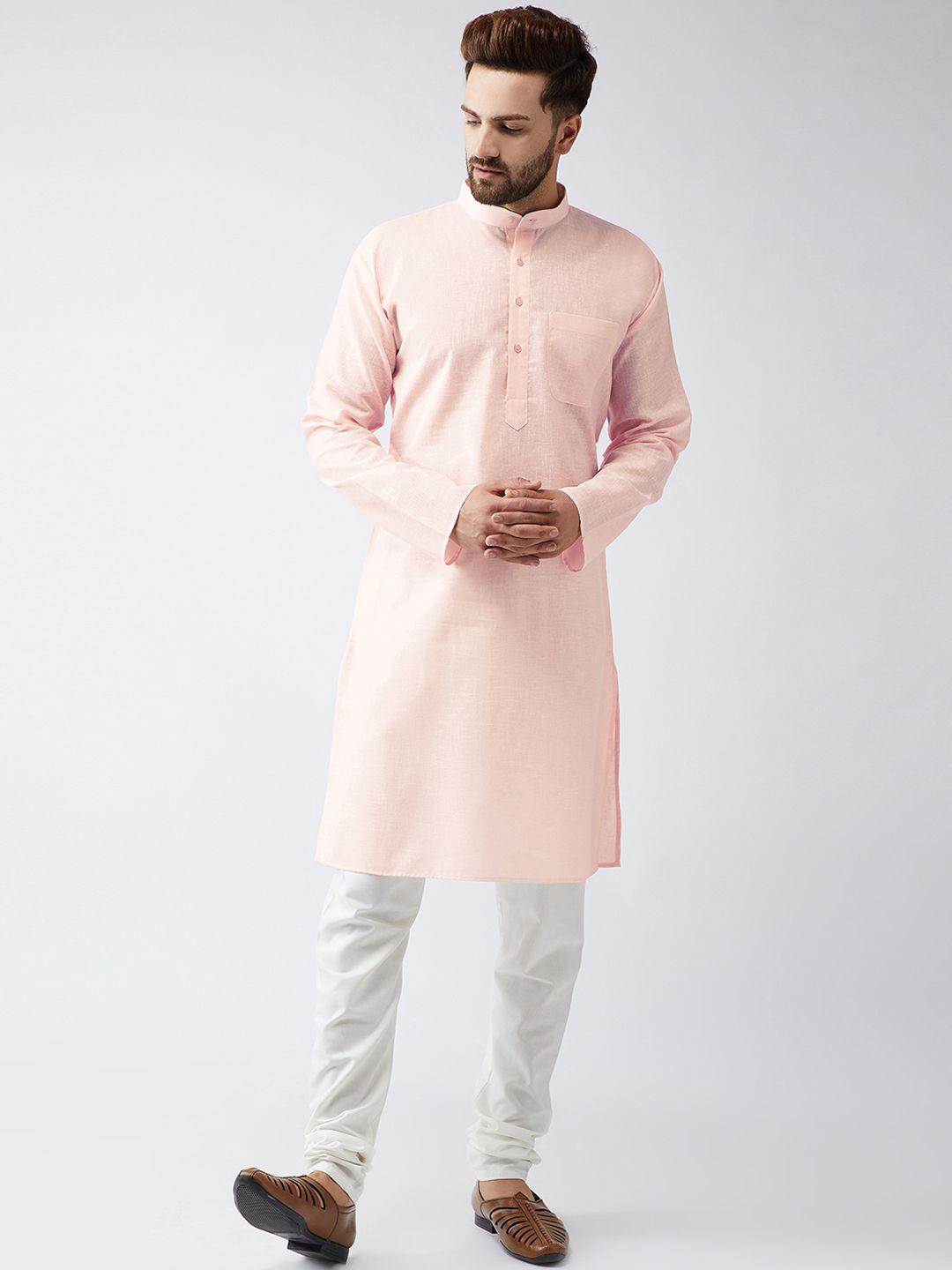 sojanya men peach-coloured & off-white solid kurta with churidar