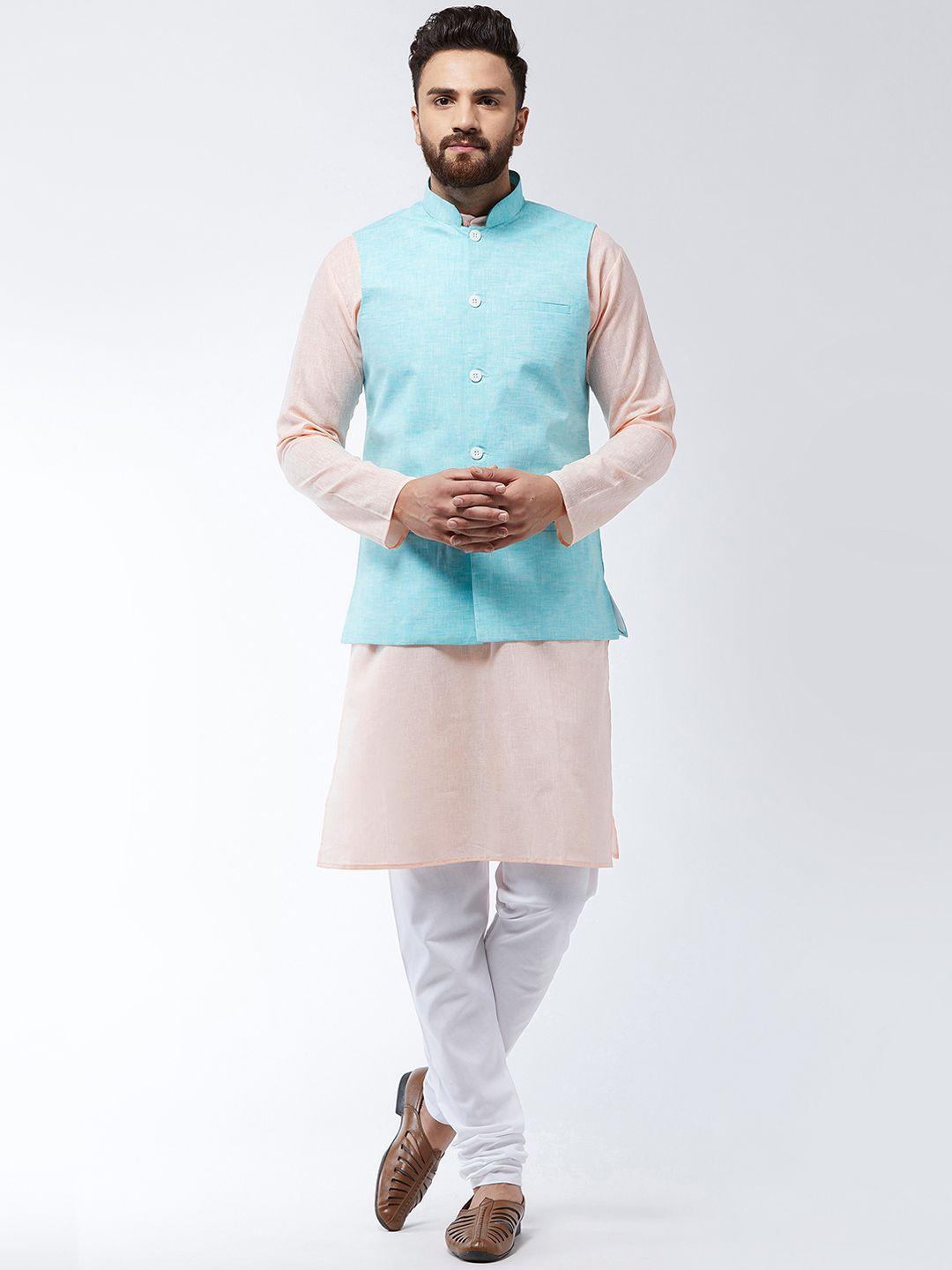 sojanya men peach-coloured & white solid kurta and churidar with nehru jacket