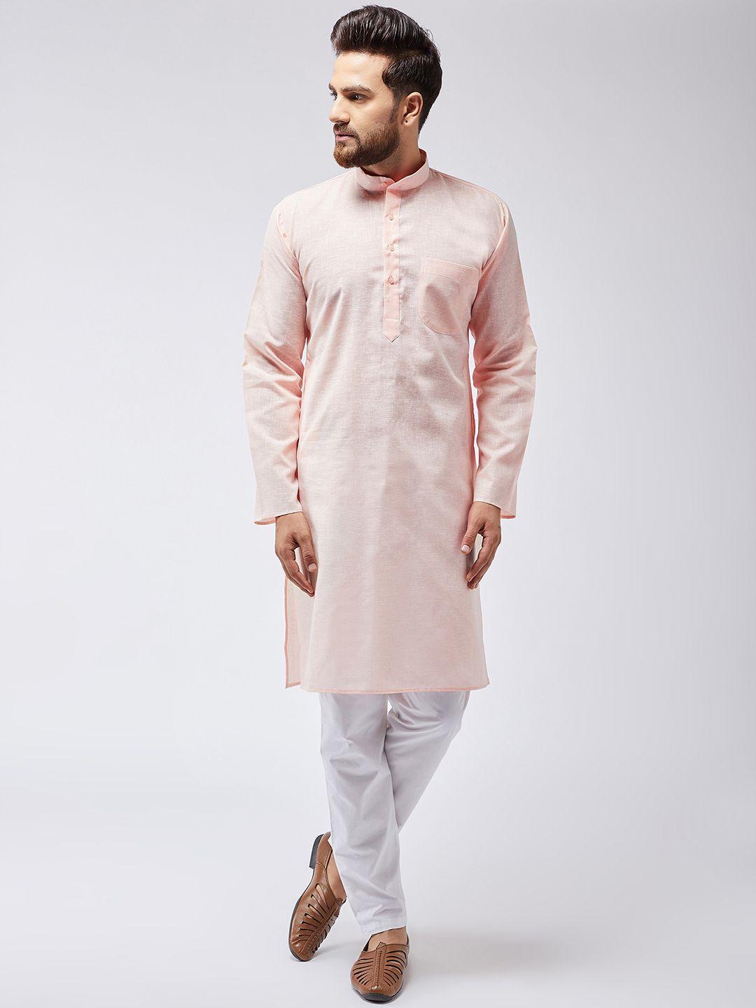 sojanya men peach-coloured & white solid kurta with churidar