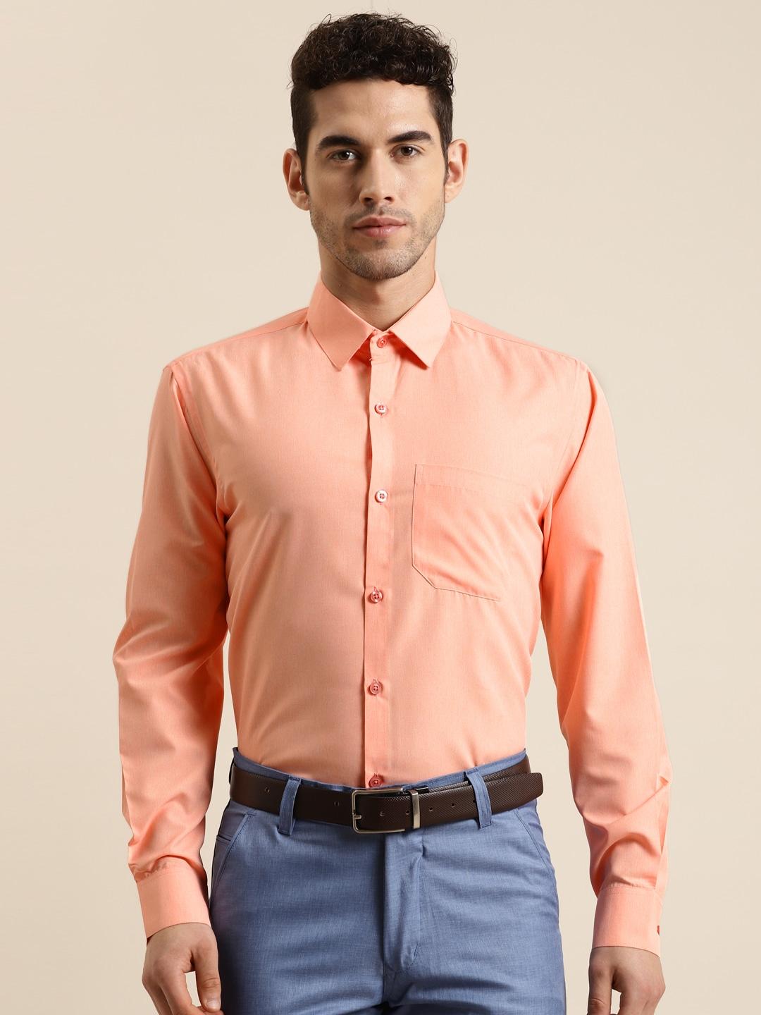 sojanya men peach-coloured classic regular fit solid pure cotton formal shirt