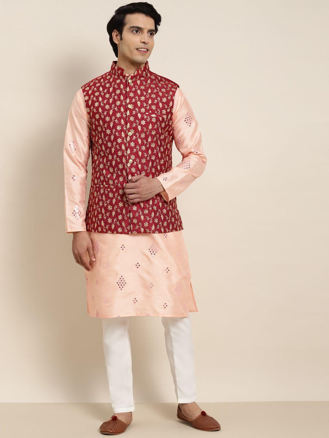 sojanya men peach-coloured floral mirror work kurta with pyjamas & nehru jacket