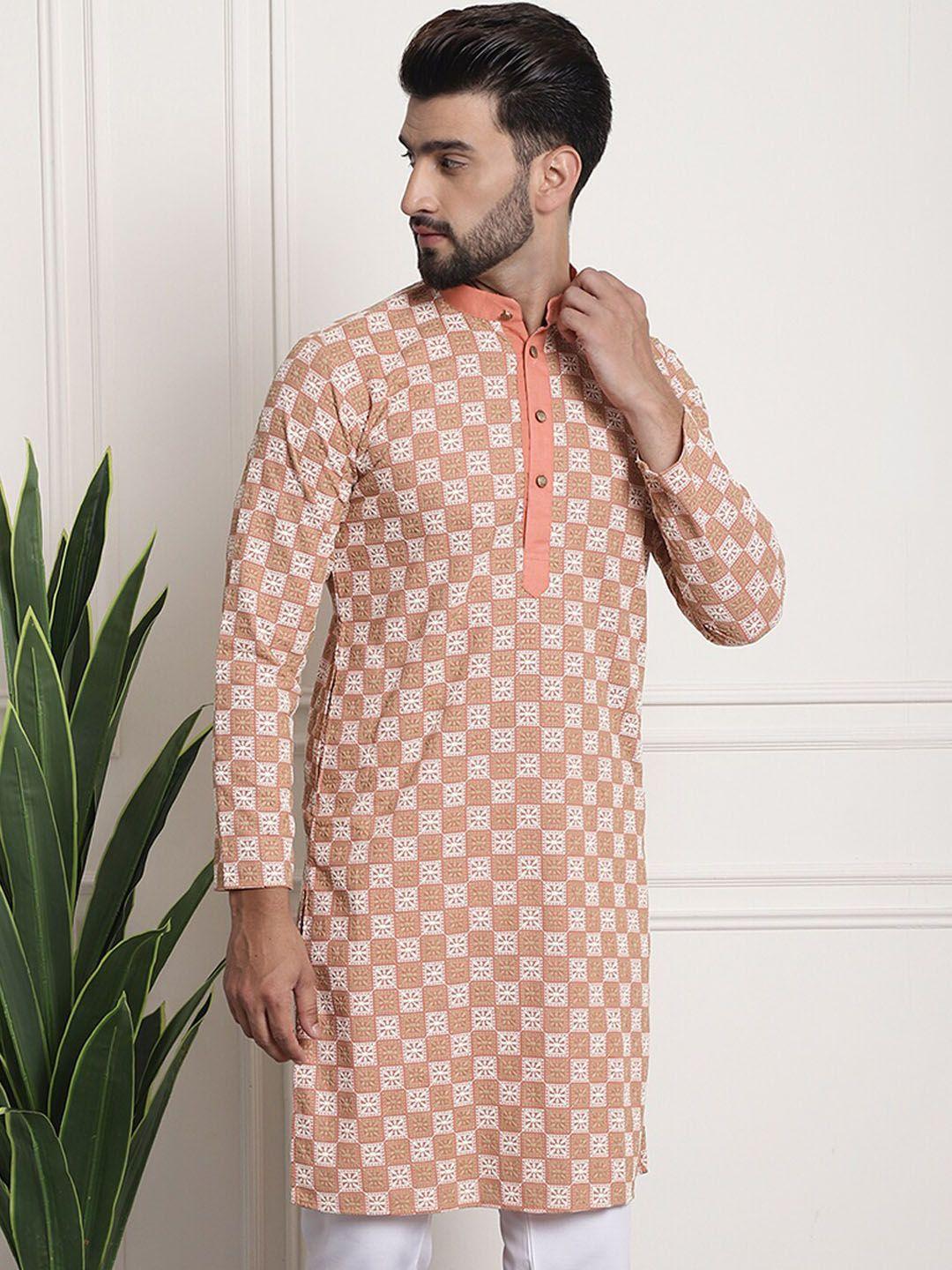 sojanya men peach-coloured floral printed thread work kurta