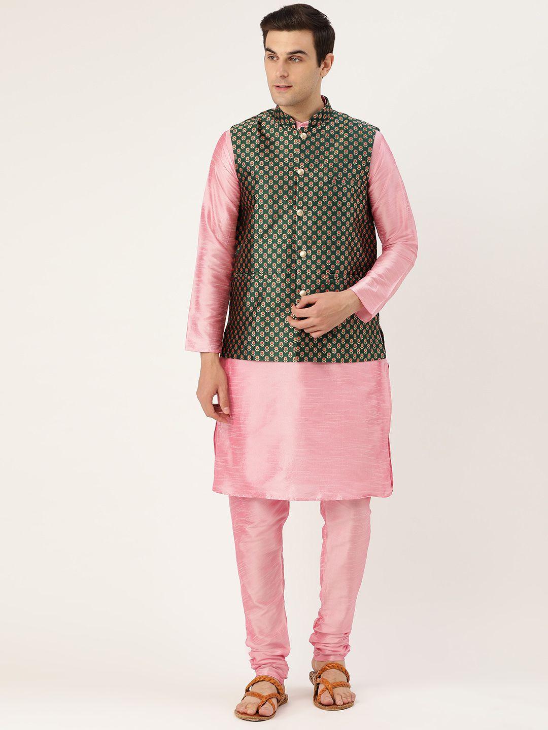 sojanya men pink & green solid kurta with churidar & nehru jacket