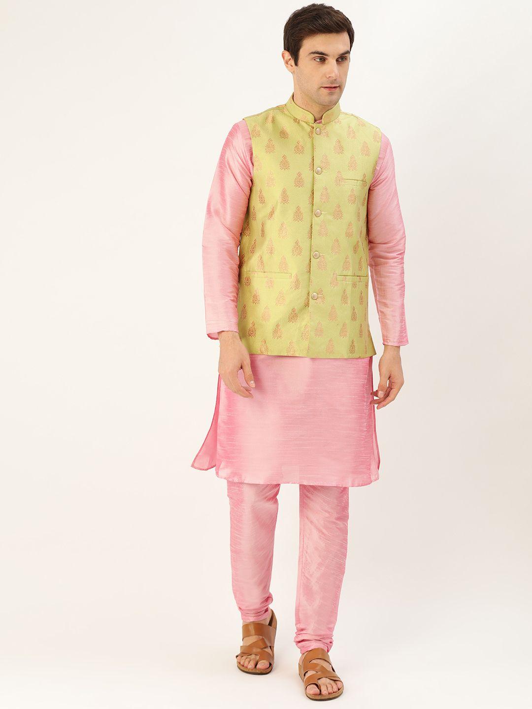 sojanya men pink & green solid kurta with churidar & nehru jacket