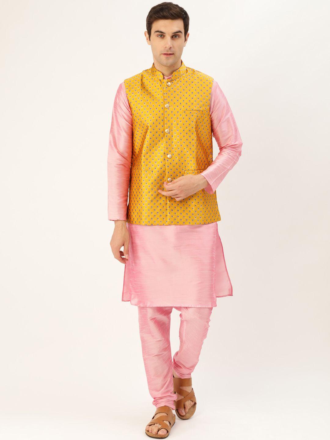 sojanya men pink & mustard yellow solid kurta with churidar & nehru jacket