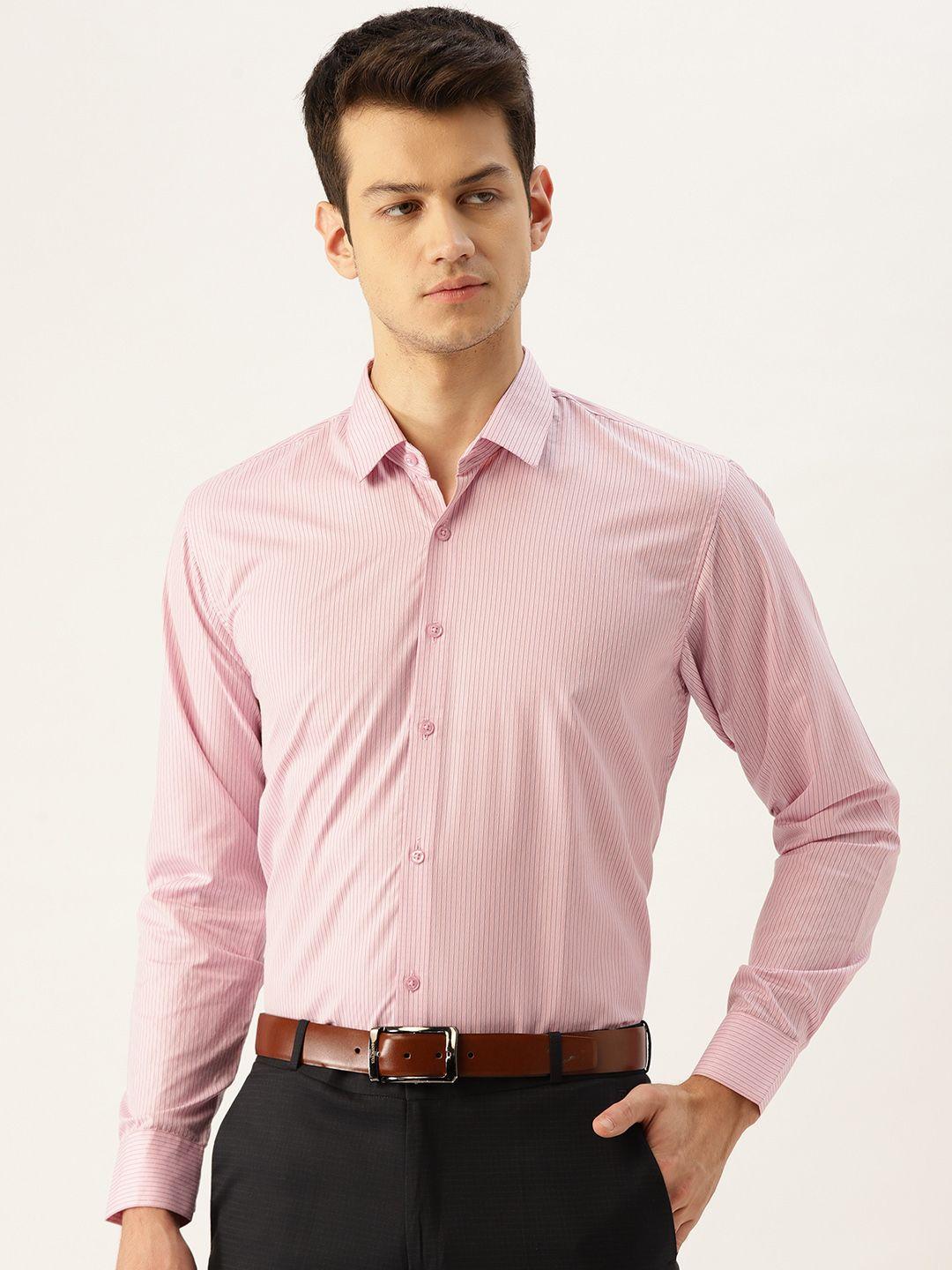 sojanya men pink & navy blue regular fit striped formal shirt