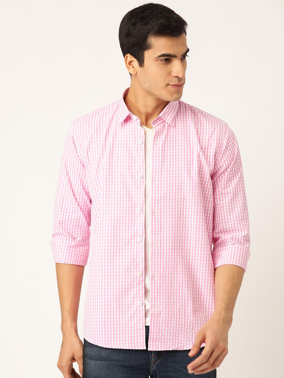 sojanya men pink & white classic regular fit checked casual shirt