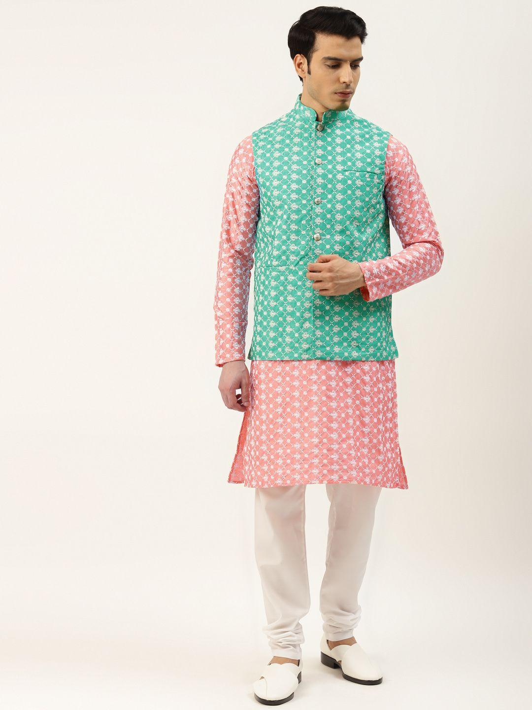 sojanya men pink & white embroidered thread work kurta with churidar & nehru jacket