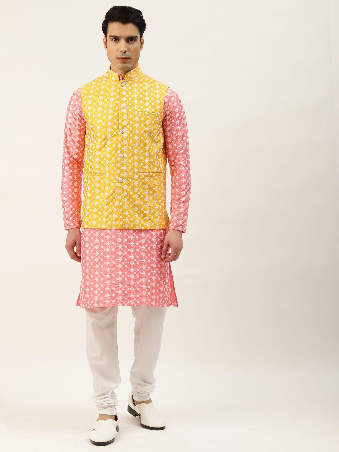 sojanya men pink & white embroidered thread work kurta with churidar & nehru jacket