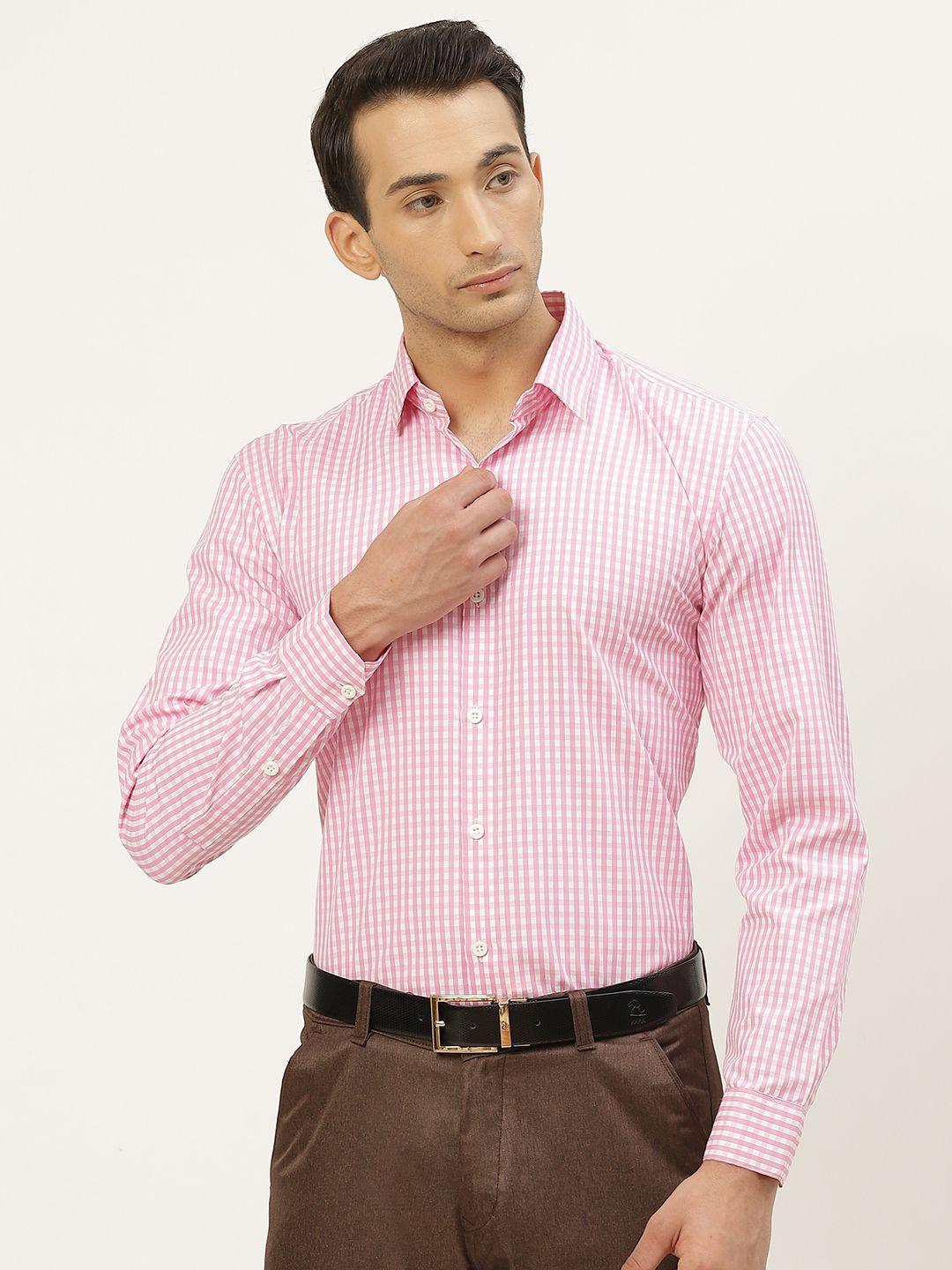 sojanya men pink & white pure cotton classic checked formal shirt