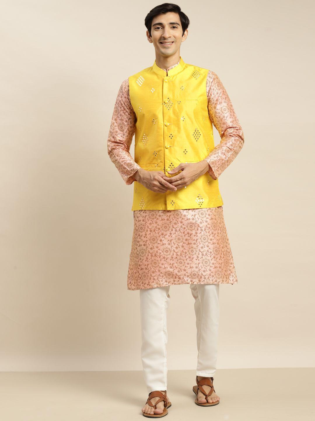 sojanya men pink ethnic motifs printed kurta & churidar comes with a nehru jacket