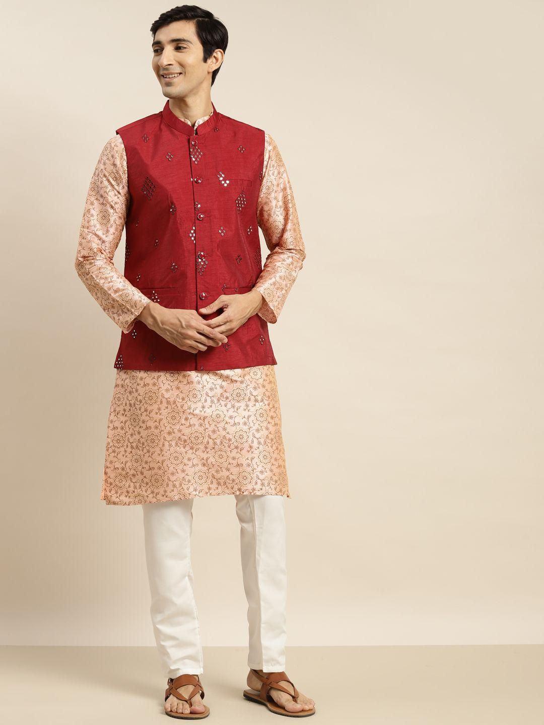 sojanya men pink ethnic motifs printed kurta & churidar comes with a nehru jacket