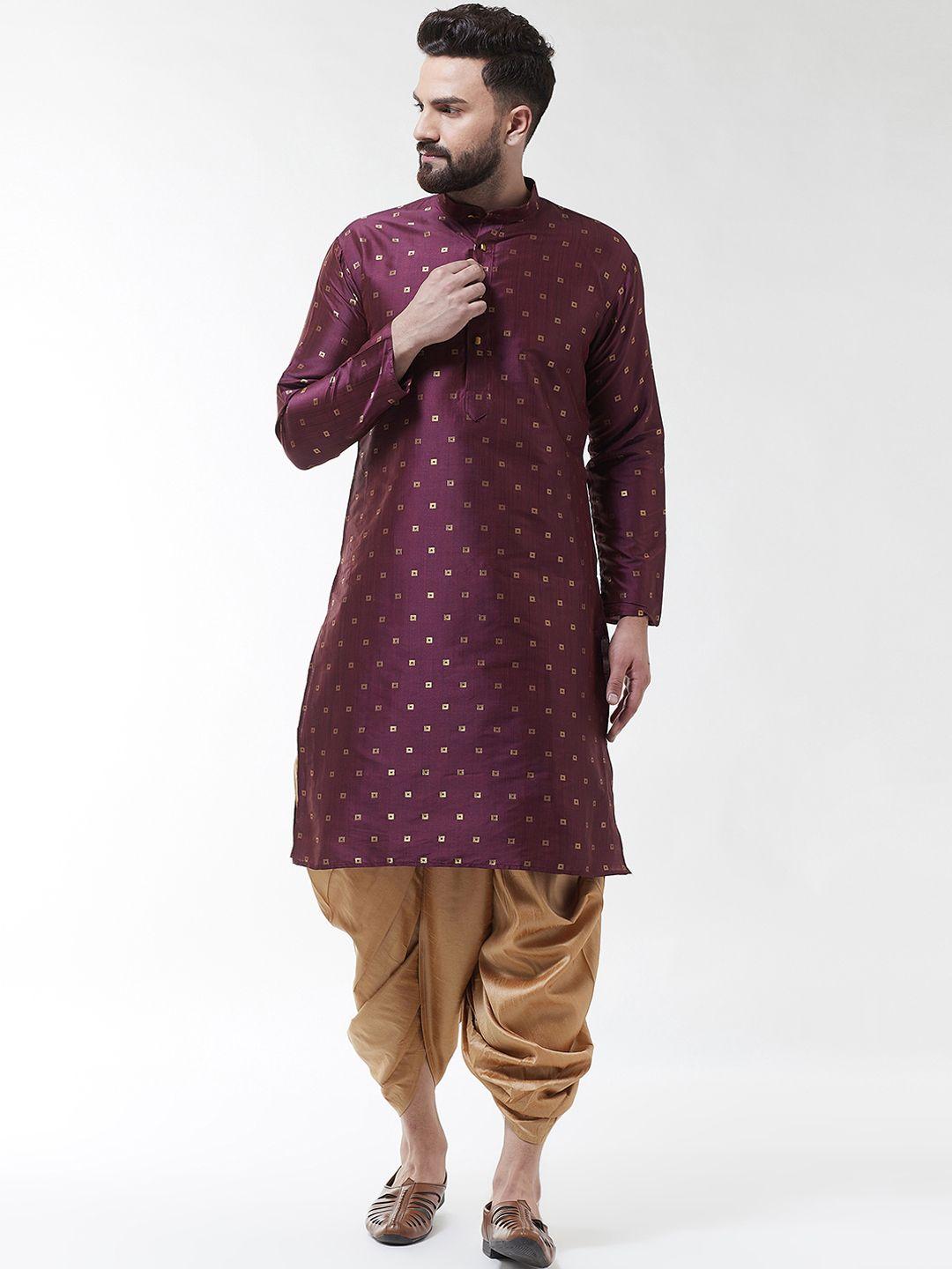 sojanya men purple & gold-coloured self design kurta with dhoti pants