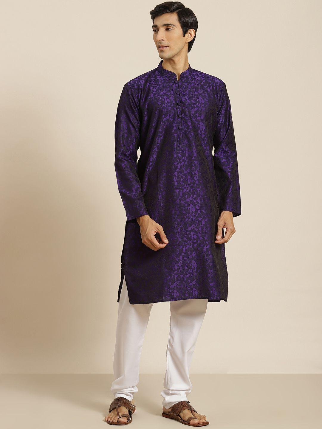 sojanya men purple & white woven design kurta with churidar