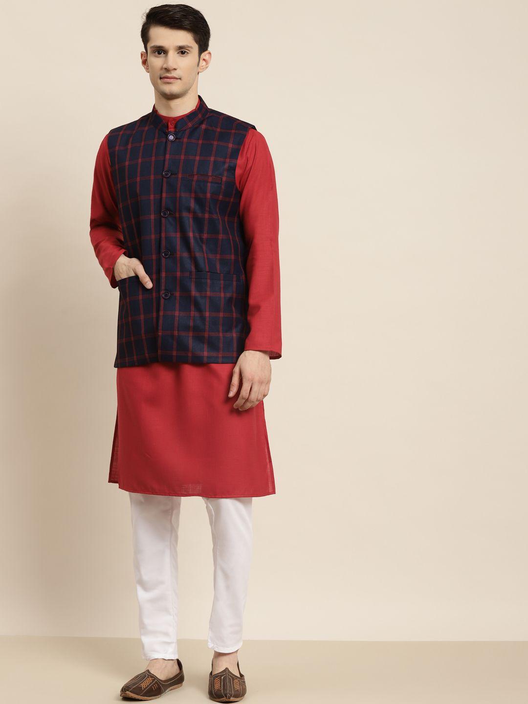 sojanya men red & navy blue kurta with churidar & nehru jacket