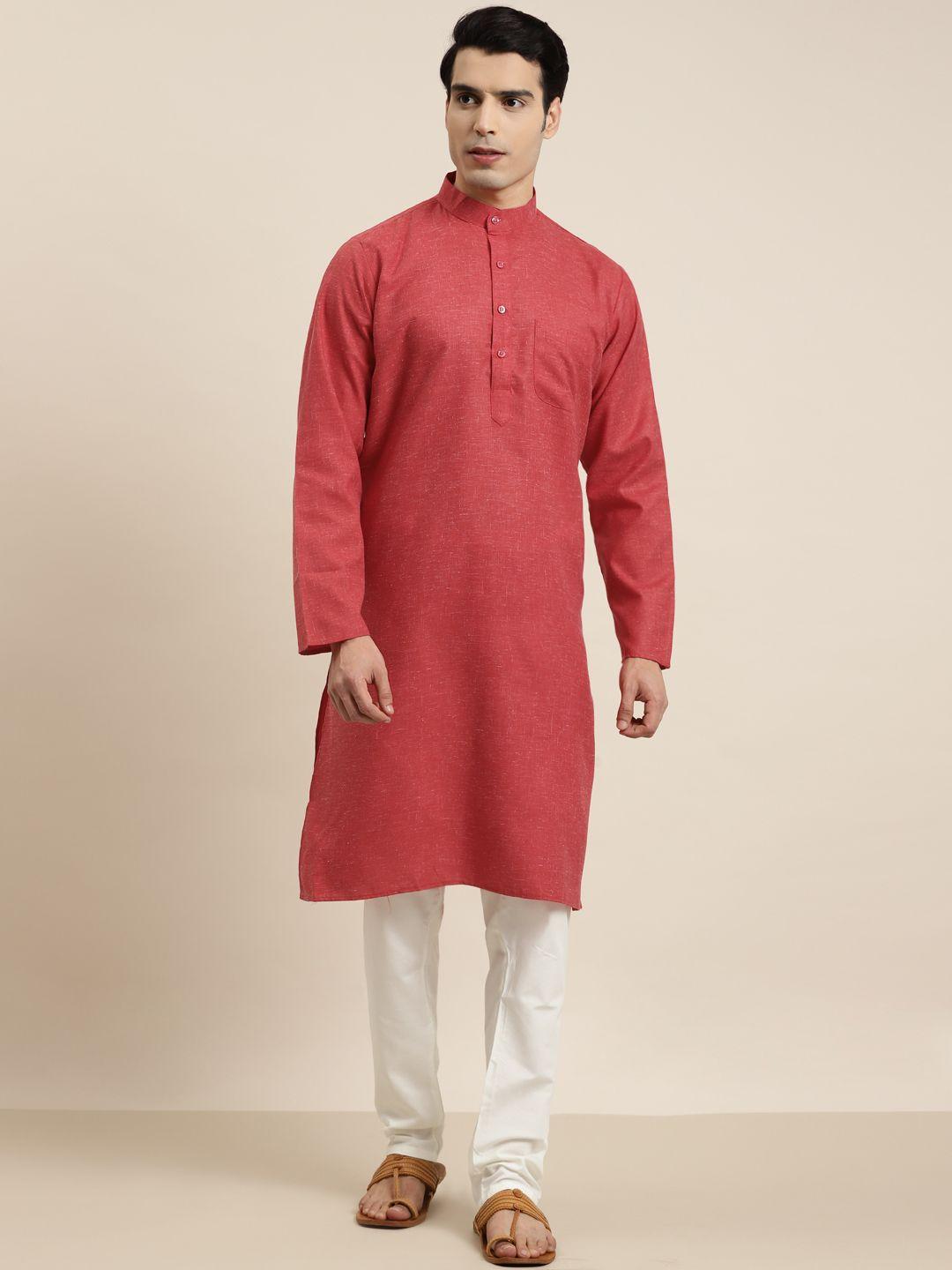 sojanya men red cotton linen solid kurta with churidar
