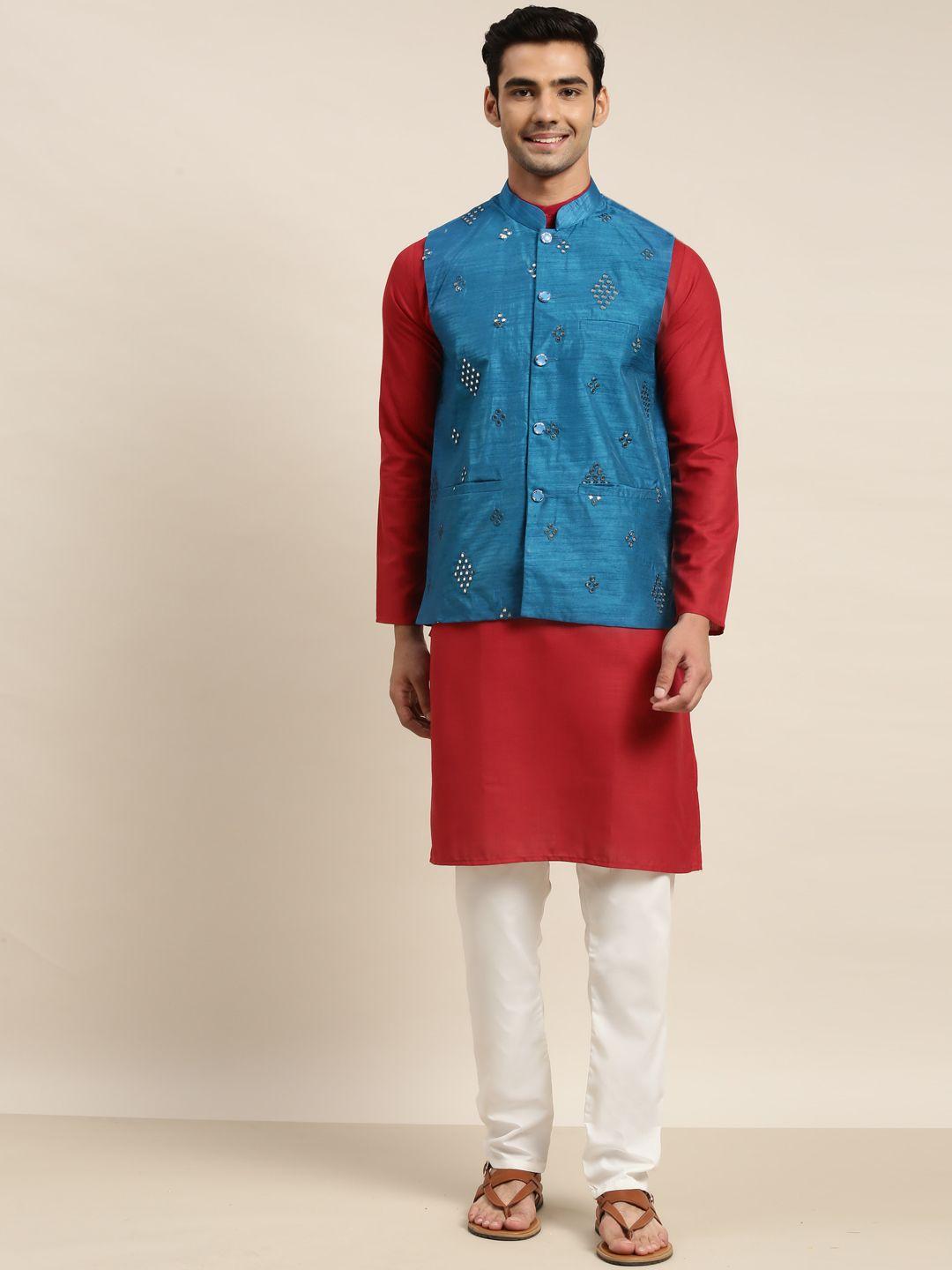 sojanya men red pure cotton solid kurta & churidar comes with a nehru jacket